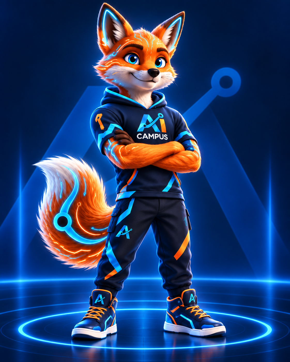 AI Campus fox mascot standing confidently with arms crossed