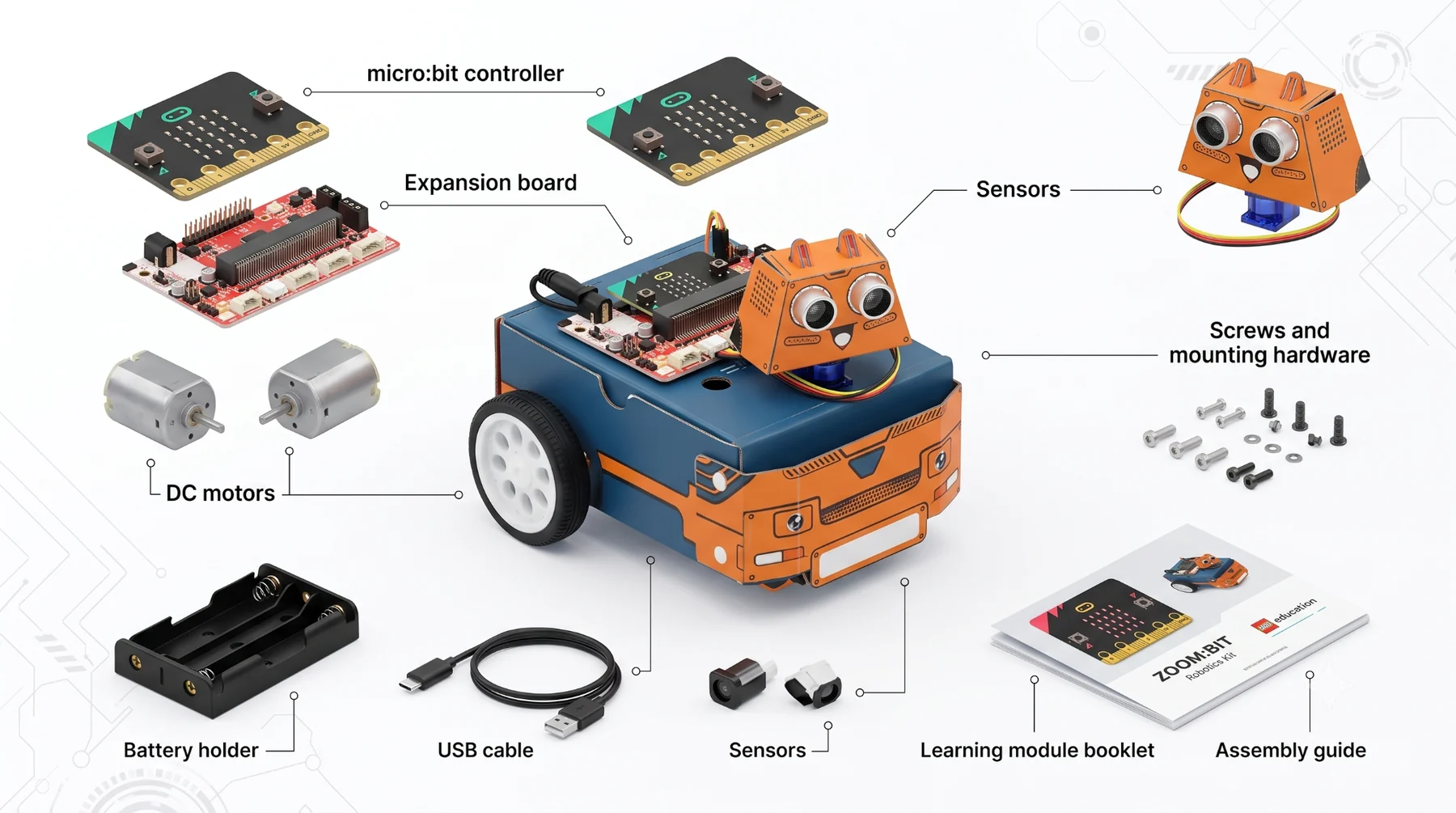 Illustration of a ZOOM:BIT kit with robot, motors and sensors