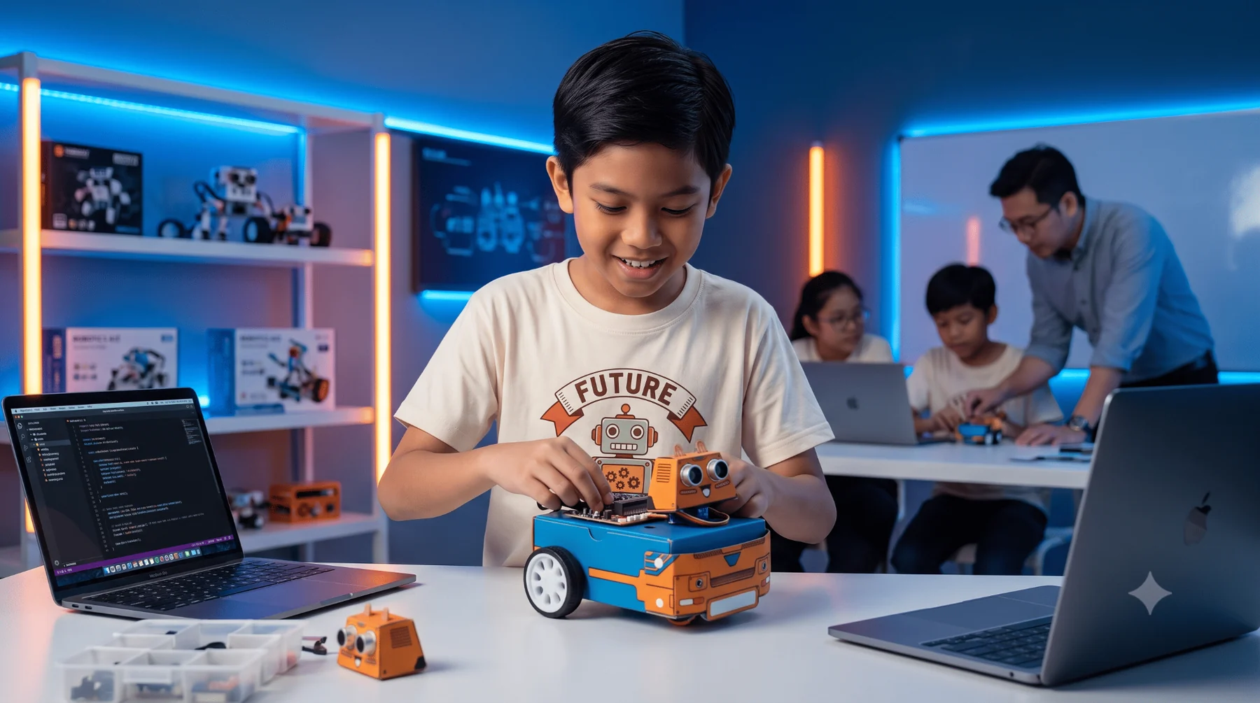 Illustration of a child building a ZOOM:BIT robot in a technology lab